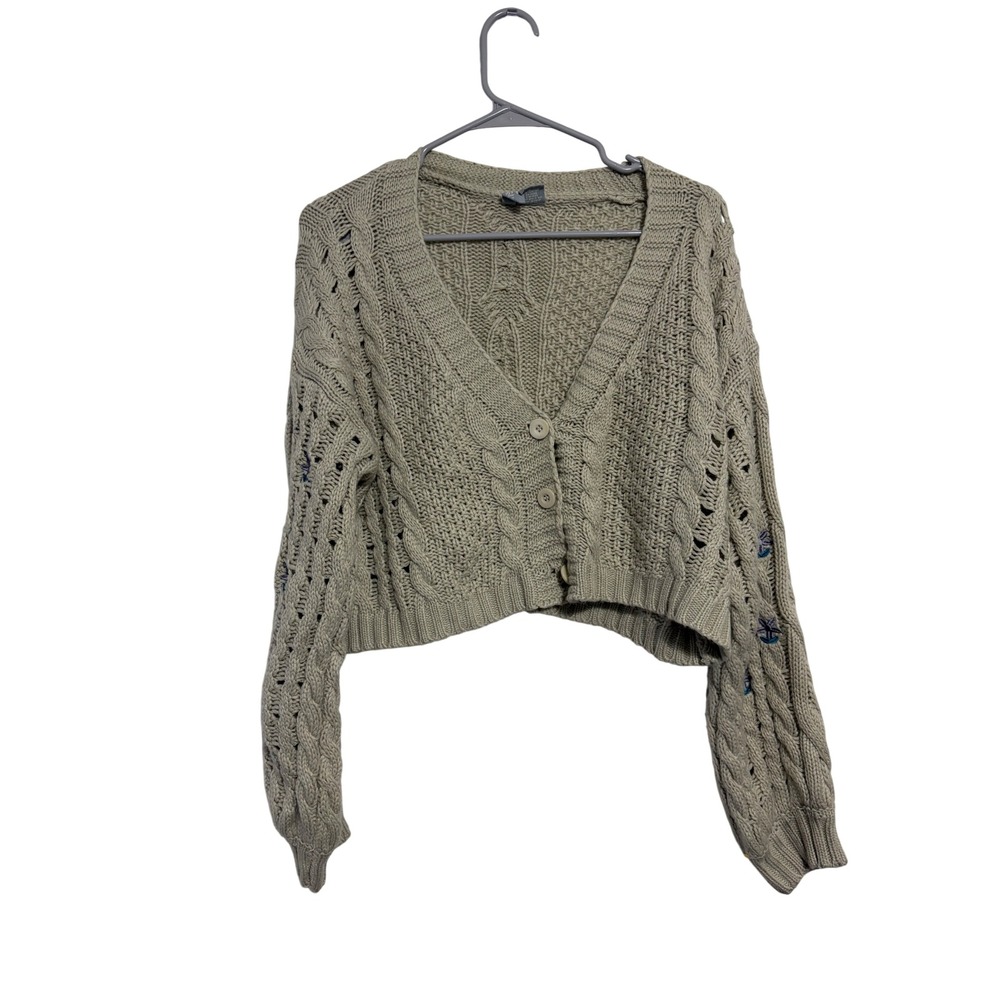 Sky & Sparrow Cardigan Cable Knit Floral Sage Green Cropped Button Front Medium